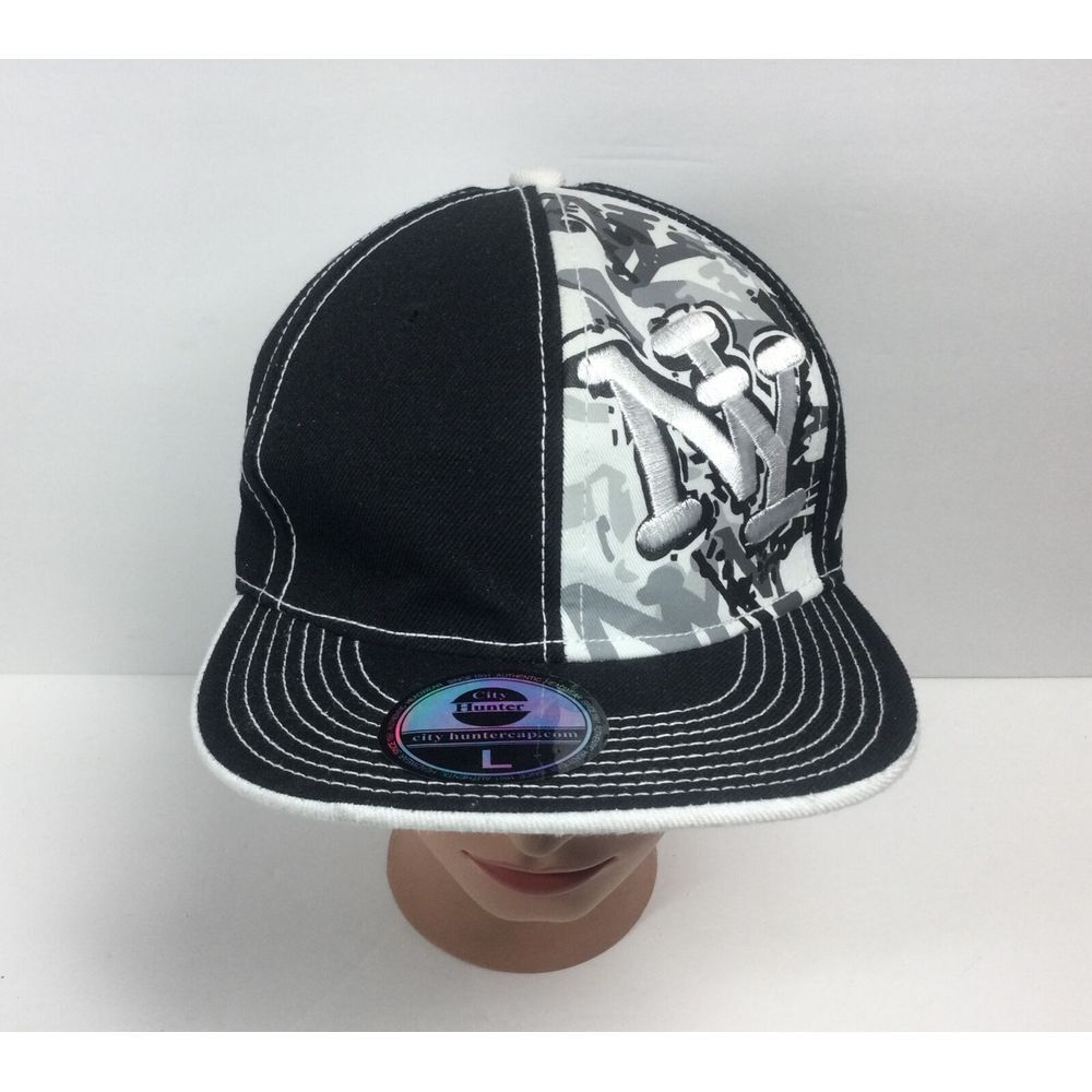 City Hunter‎ NY New York Hat StreetWear Flat Bill Black White Hiphop Cap Size L